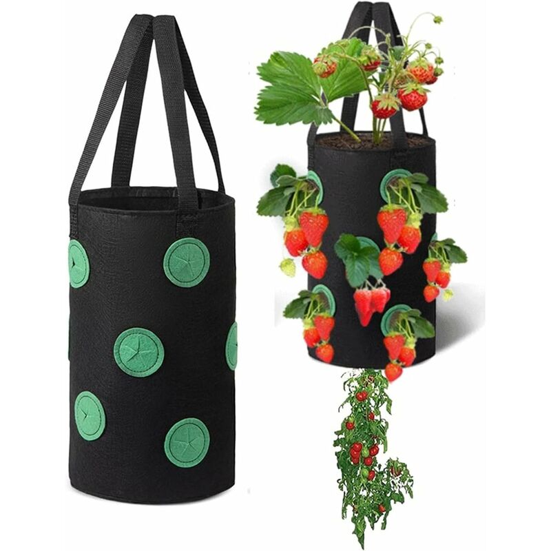 Jardinière à l'envers, jardinière à fraises de 2 pack, 3 sacs de plantation de tomates suspendues avec 12 trous de plantation for sacs de plantation