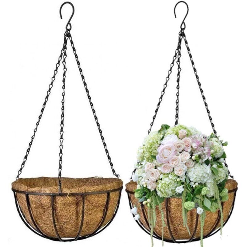 Jardinière à panier suspendu 2 pièces avec doublure en fibre de coco support de plante en fil rond avec chaîne pour décorer le jardin à l'extérieur