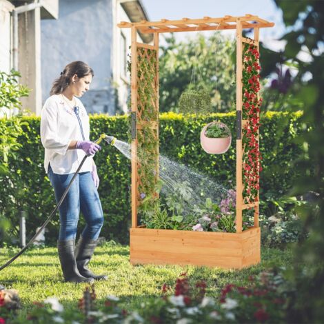 Jardinière avec 2 Treillis Latéraux Toit Suspendu en Bois de Sapin avec Trou de Drainage Lit de Jardin Surélevé 182x110x44cm Orange