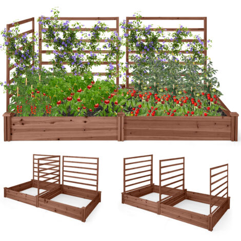 Jardinière avec 3 Treillis en Bois avec Base Ouverte, 2 Bacs à Fleurs Extérieur pour Plante Grimpante, Lit de Jardin, 222 x 114 x 110 cm, Marron