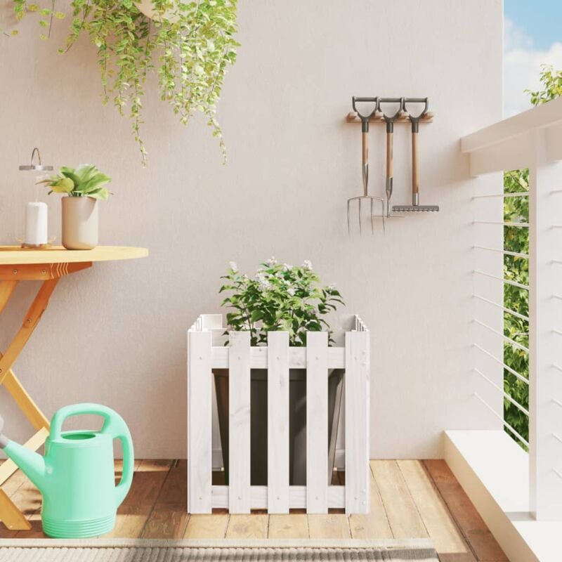 Jardinière avec design de clôture blanc 50x50x50 cm pin massif