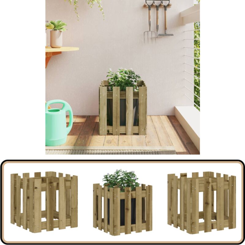 Jardinière avec design de clôture 40x40x40 cm pin imprégné - Jardinierre En Bois - Jardinière Extérieure - Pot De Fleurs Extérieur - Décoration