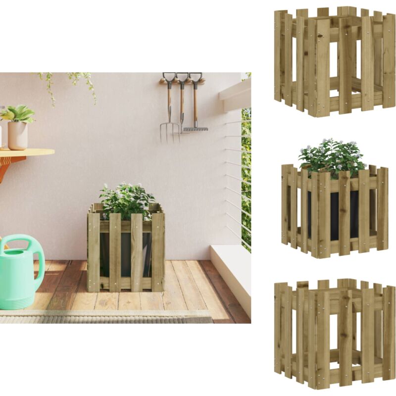 Jardinière avec design de clôture 40x40x40 cm pin imprégné - Jardinierre En Bois - Jardinière Extérieure - Pot De Fleurs Extérieur - Décoration