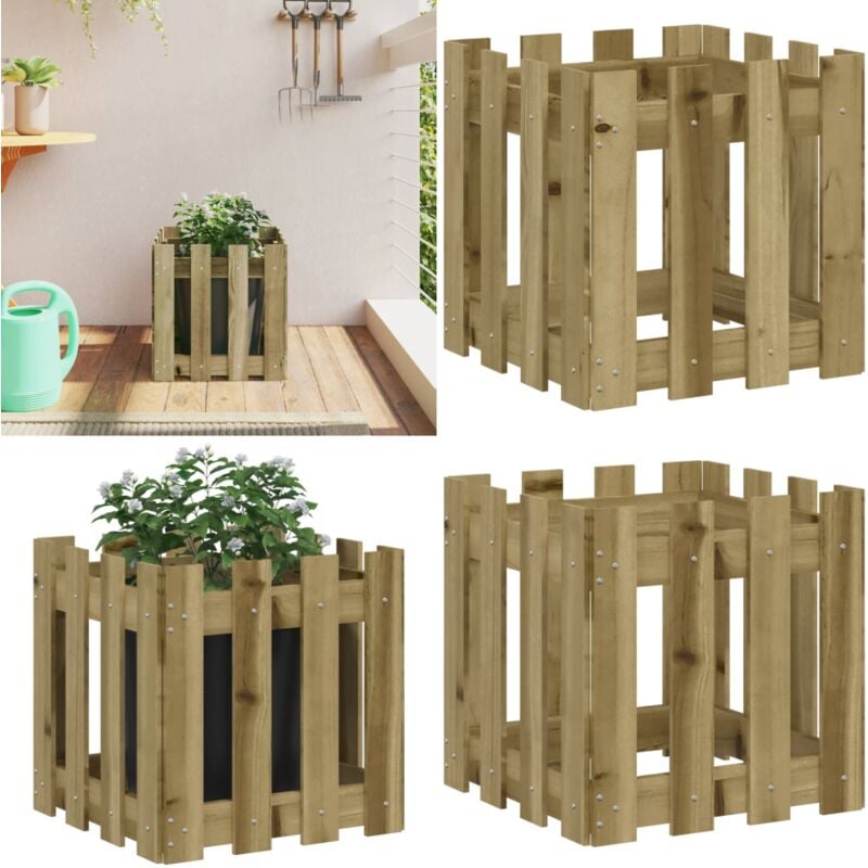 Jardinière avec design de clôture 40x40x40 cm pin imprégné - Jardinierre En Bois - Jardinière Extérieure - Pot De Fleurs Extérieur - Décoration