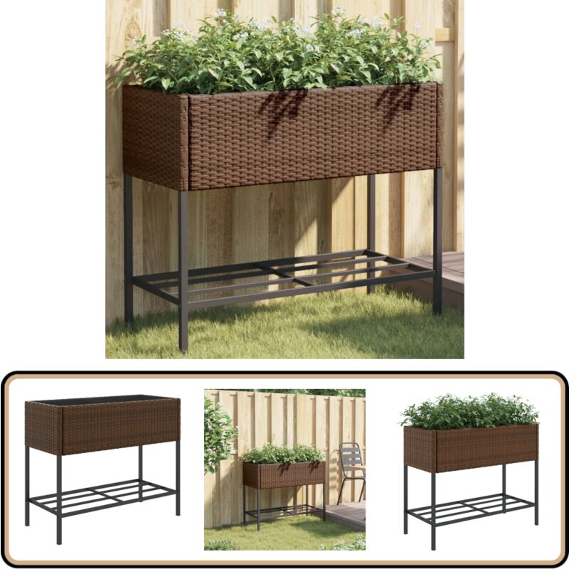 Jardinière avec étagère marron résine tressée - Jardiniereresinée Tressée - Pot De Fleurs Extérieur - Jardinière Design - Rangement Jardin