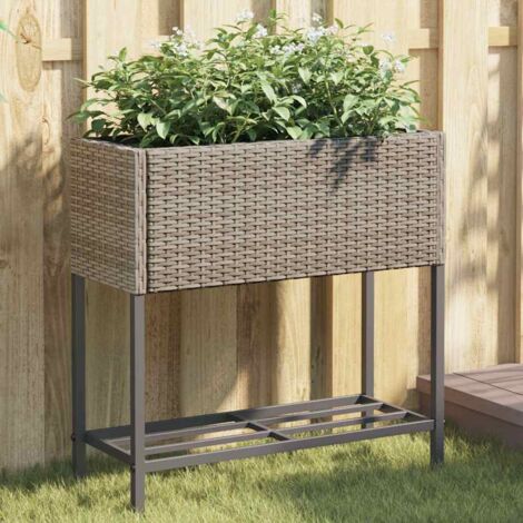 Jardinière avec étagère-Pot de fleur-Bac à fleurs gris résine tressée 191443