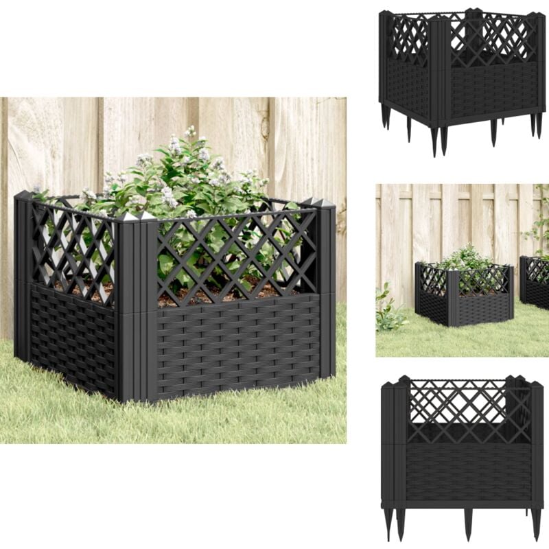 Jardinière avec piquets noir 43,5x43,5x43,5 cm PP - Jardinier Noire - Jardinière Extérieure - Bac À Fleurs - Pot De Fleurs - Décoration Extérieur