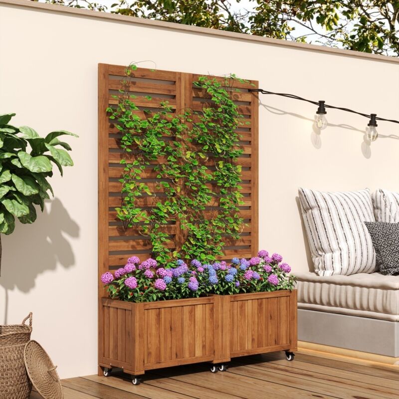 Jardinière avec Treillis - 102,5x32x152,5 cm - Bois Massif de Sapin - Double Bac avec Roulettes et Angle Pliable - Marron Foncé