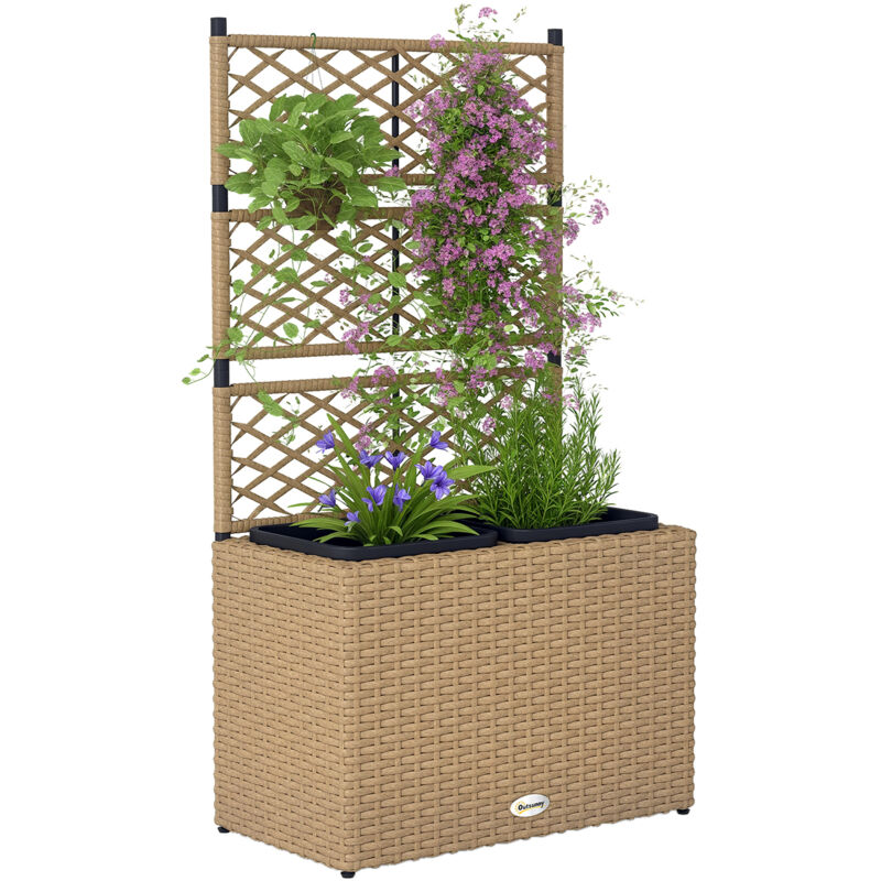 Jardinière avec treillis dim. 57L x 30l x 107H cm 2 bacs inserts d'irrigation inclus pe imitation rotin tressé sable