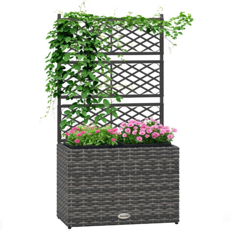 Jardinière avec treillis 3 - pots de 22 L en résine tressée et acier galvanisé 57 x 30 x 107 cm gris