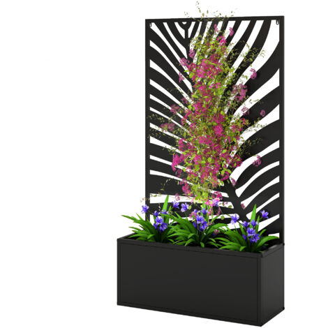 Jardinière avec treillis, bac à fleurs avec brise-vue en métal, pour cour, jardin, balcon, 61 x 23 x 113 cm, noir