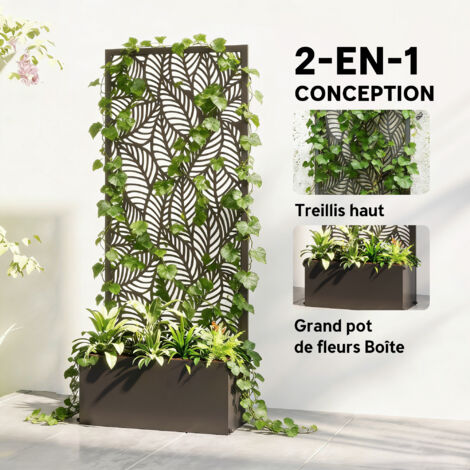 Jardinière avec treillis, bac à fleurs, avec brise-vue, pour plantes grimpantes, métal, 45 x 21,5 x 110 cm, noir