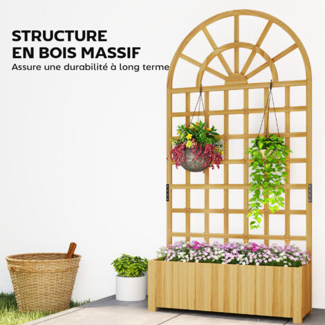 Jardinière avec treillis, bac à fleurs, avec trous de drainage, en bois massif, 90 x 30 x 180 cm, effet bois naturel
