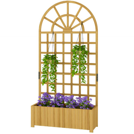 Jardinière avec treillis, bac à fleurs, avec trous de drainage, en bois massif, 90 x 30 x 180 cm, effet bois naturel