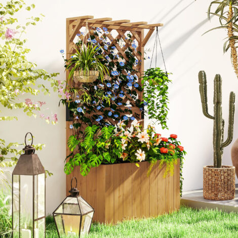 Jardinière avec treillis, bac à fleurs en bois massif avec trous de drainage et doublure, 64 x 33 x 122 cm, bois naturel