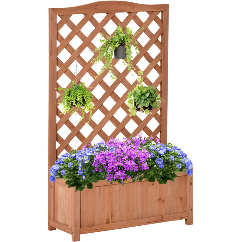 Jardinière avec treillis - bac à fleurs - jardinière sur pied - dim. 70L x 28l x 117H cm - fond à lattes - bois sapin pré-huilé