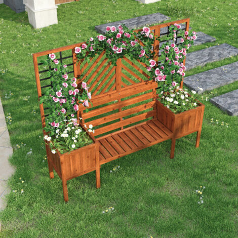 Jardinière avec treillis bois massif épicéa marron – Grand espace plantation, siège intégré, pour jardin cour terrasse