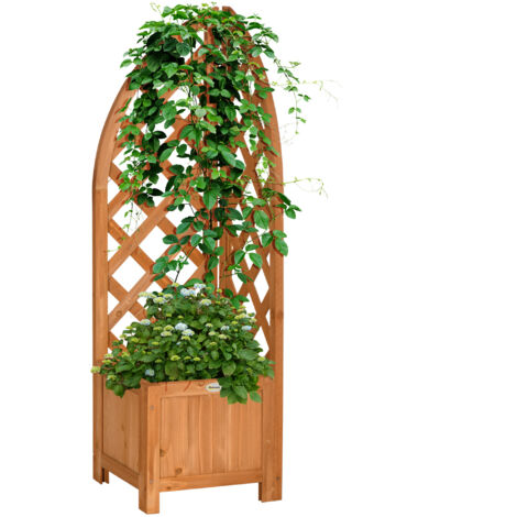 Jardinière avec treillis, bois naturel, ouverture drainage, 32x32x108 cm, extérieur, balcon, brun