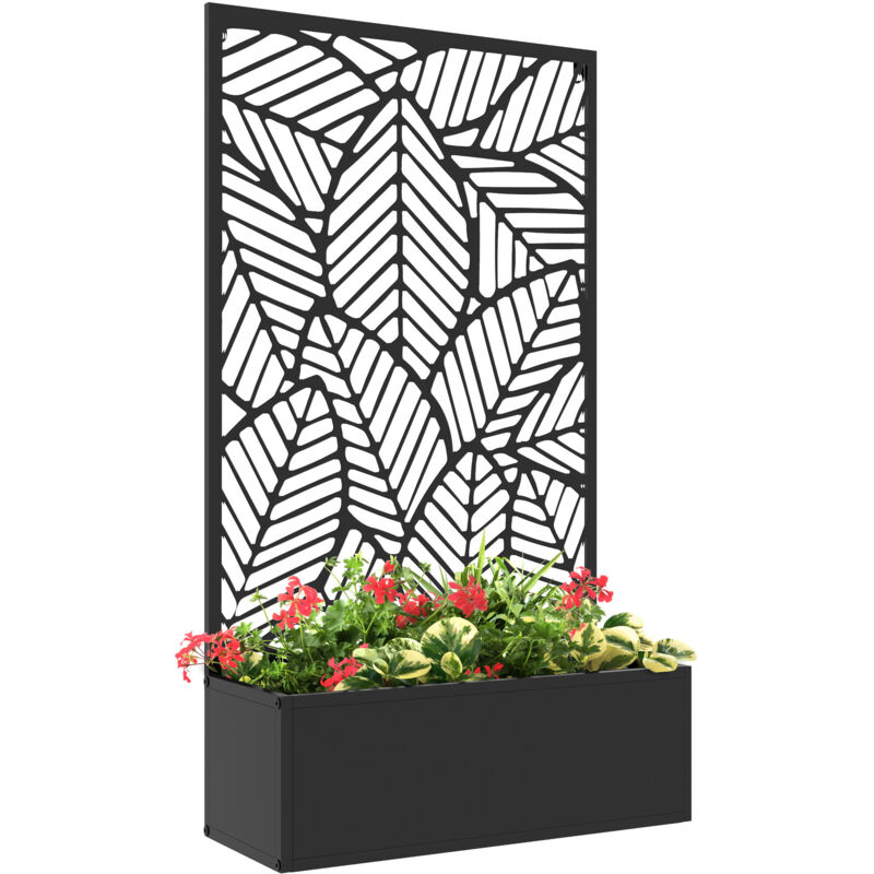 Jardinière avec treillis design - bac à fleurs - dim. 61L x 23l x 113H cm - fixation murale possible - métal époxy noir