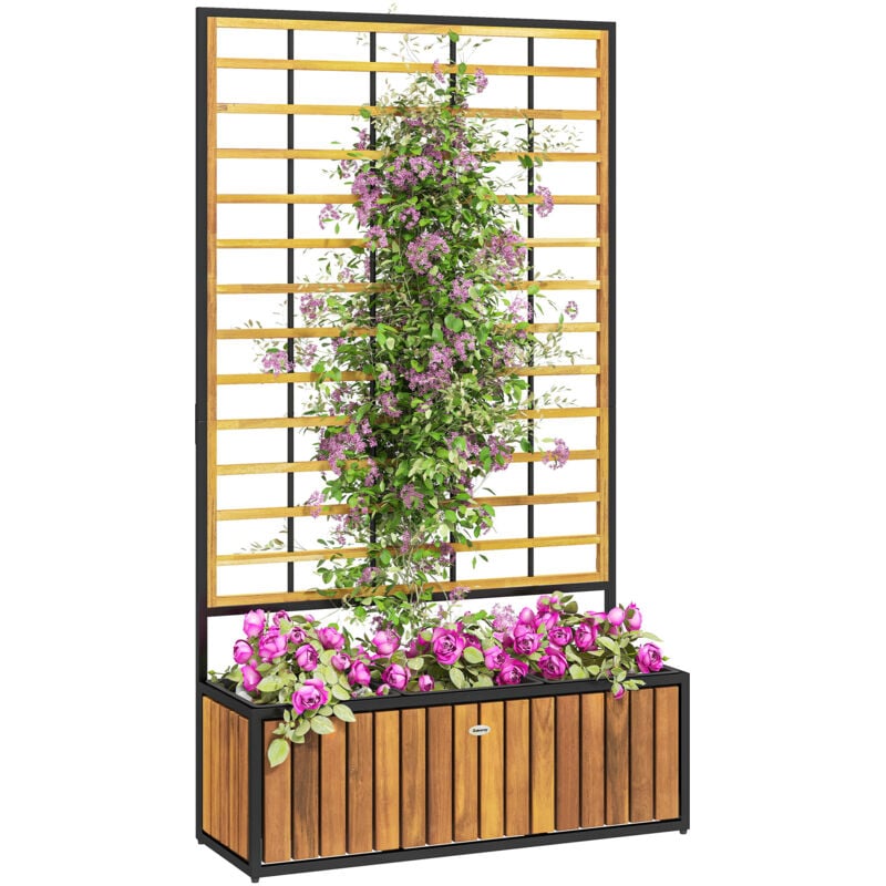 Jardinière avec treillis design tropical dim. 74 x 27 x 131 cm bicolore acier noir bois acacia verni