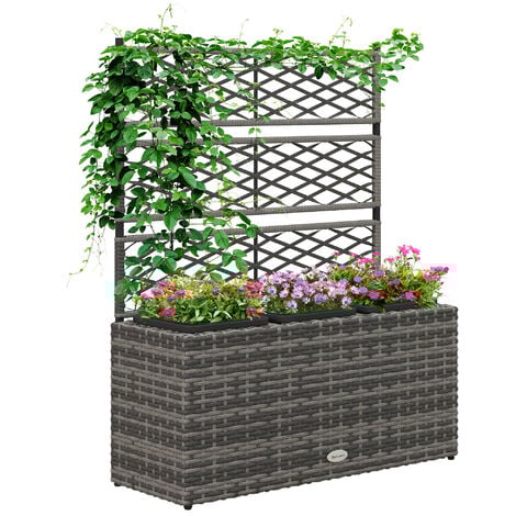 Jardinière avec treillis dim. 84L x 30l x 107H cm 3 bacs inserts d'irrigation inclus PE imitation rotin tressé gris