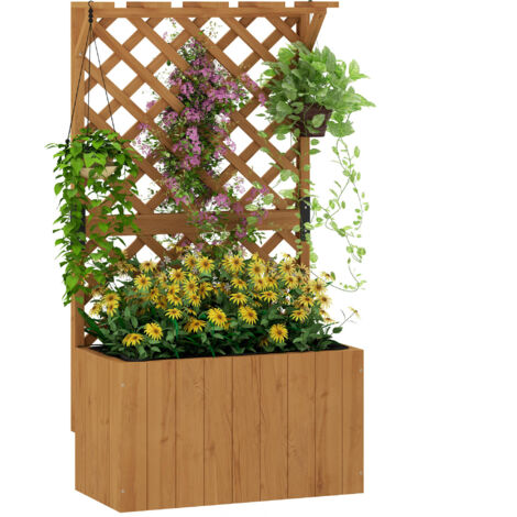 Jardinière avec treillis en bois massif, bac à fleurs avec trous de drainage et doublure, 64x33x122 cm, bois naturel