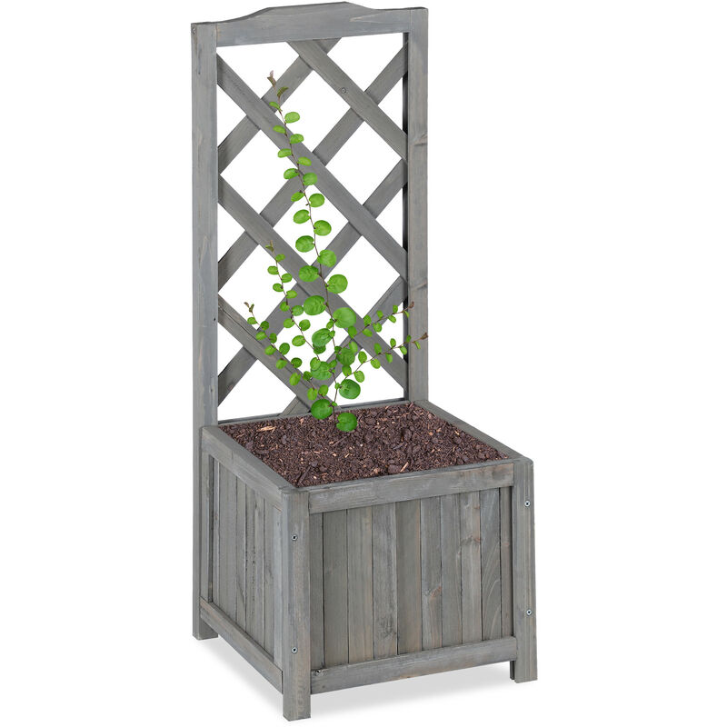 Jardinière avec treillis espalier Tuteur plantes grimpantes bac à fleurs bois vigne lierre 20L, 90cm, gris - Relaxdays