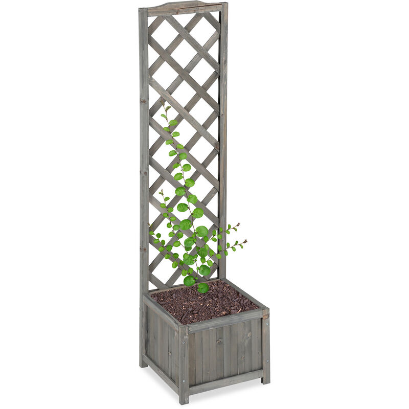 Jardinière avec treillis espalier Tuteur plantes grimpantes bac à fleurs bois vigne lierre 25L, 147cm, gris - Relaxdays
