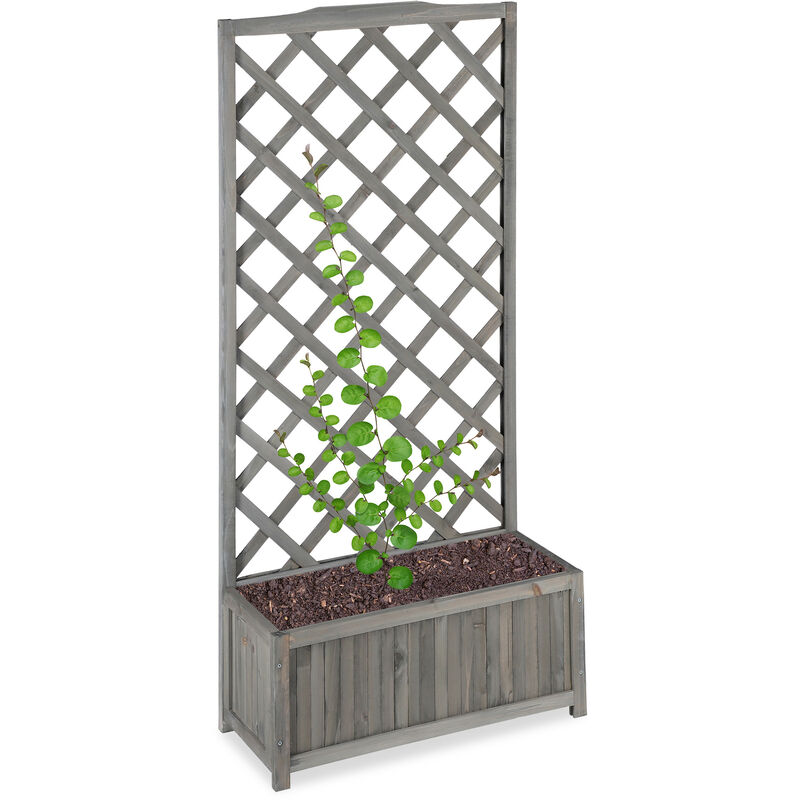 Jardinière avec treillis espalier Tuteur plantes grimpantes bac à fleurs bois vigne lierre 35L, 150cm, gris - Relaxdays