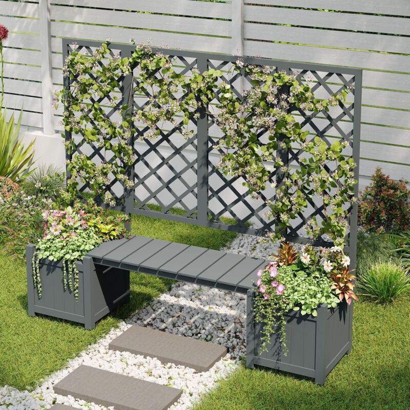 Jardinière avec Treillis et Banc en Bois de Sapin Massif, Bac à Fleurs avec Support pour Plantes Grimpantes, Grand Bac de Plantation pour Jardin