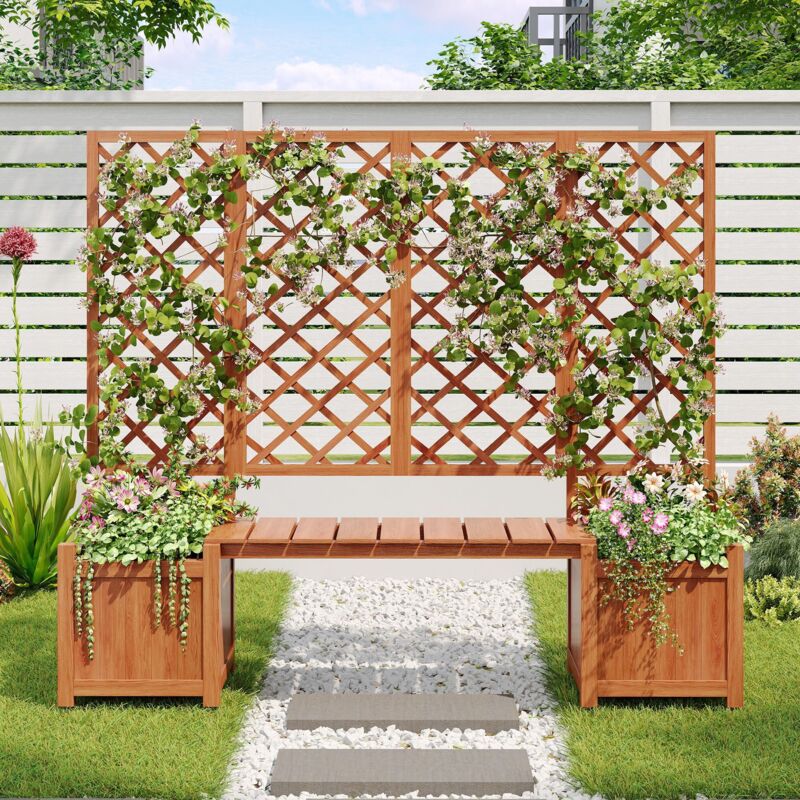 Jardinière avec Treillis et Banc en Bois de Sapin Massif, Bac à Fleurs avec Support pour Plantes Grimpantes, Grand Bac de Plantation pour Jardin