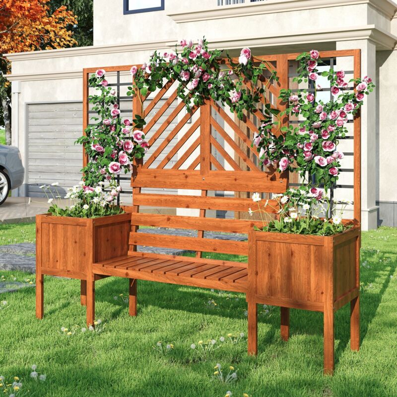 Jardinière avec Treillis et Banc en Bois de Sapin Massif, Grand Bac à Fleurs avec Support pour Plantes Grimpantes, Bac de Plantation pour Jardin Cour