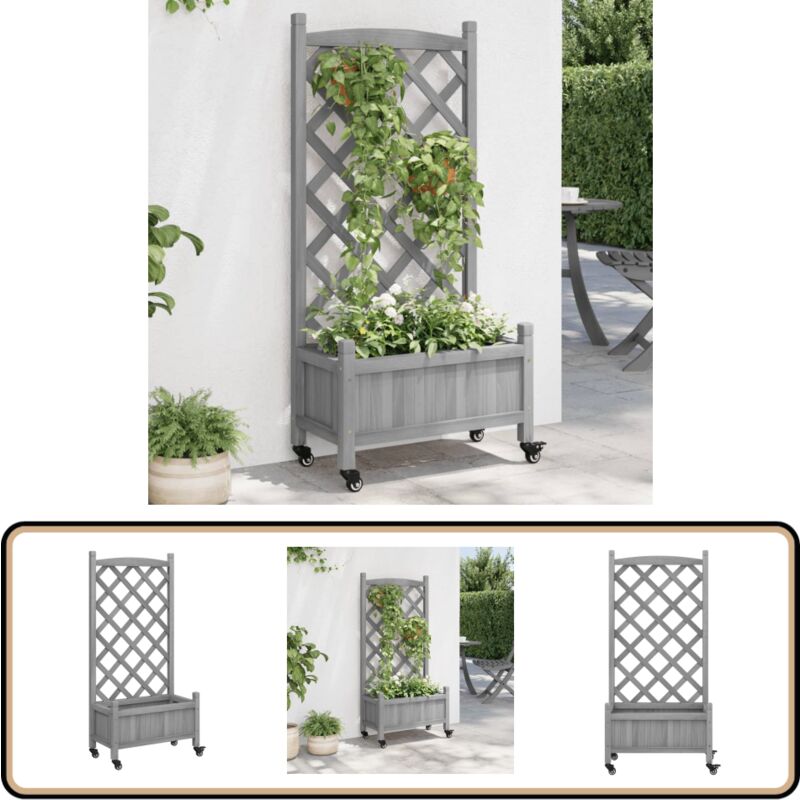 Vidaxl - Jardinière avec treillis et roues gris bois massif de sapin - Jardinier - Pot De Fleurs - Plante Grimpante - Bac à Plantation - Décoration