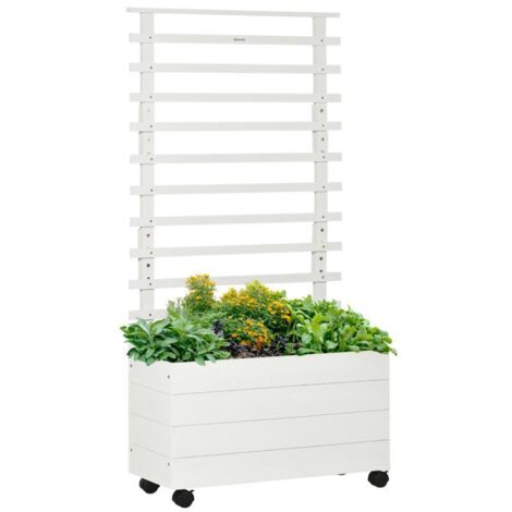 Jardinière avec Treillis et Roulettes, Bac pour Plantes Grimpantes, Bois Naturel Blanc, 76x30x155 cm, Jardin