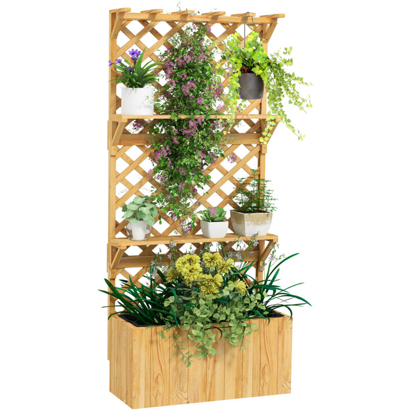 Jardinière avec treillis en bois - Outsunny - toit suspendu, trous de drainage et doublure - pour balcon terrasse patio - naturel