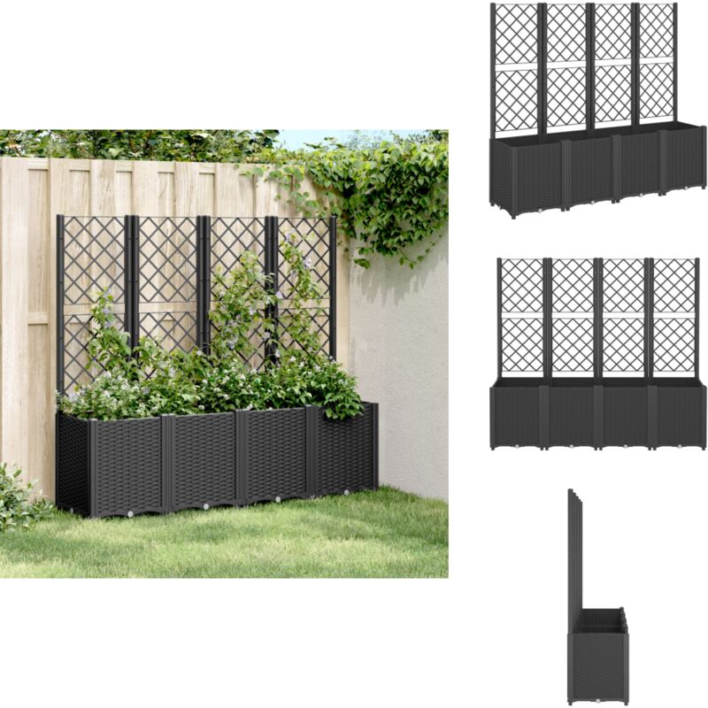 Jardinière avec treillis noir 160x40x140 cm PP - Jardinierre En Rotin - Jardinière Extérieure - Pot De Fleurs Design - Pot De Fleurs Rectangulaire