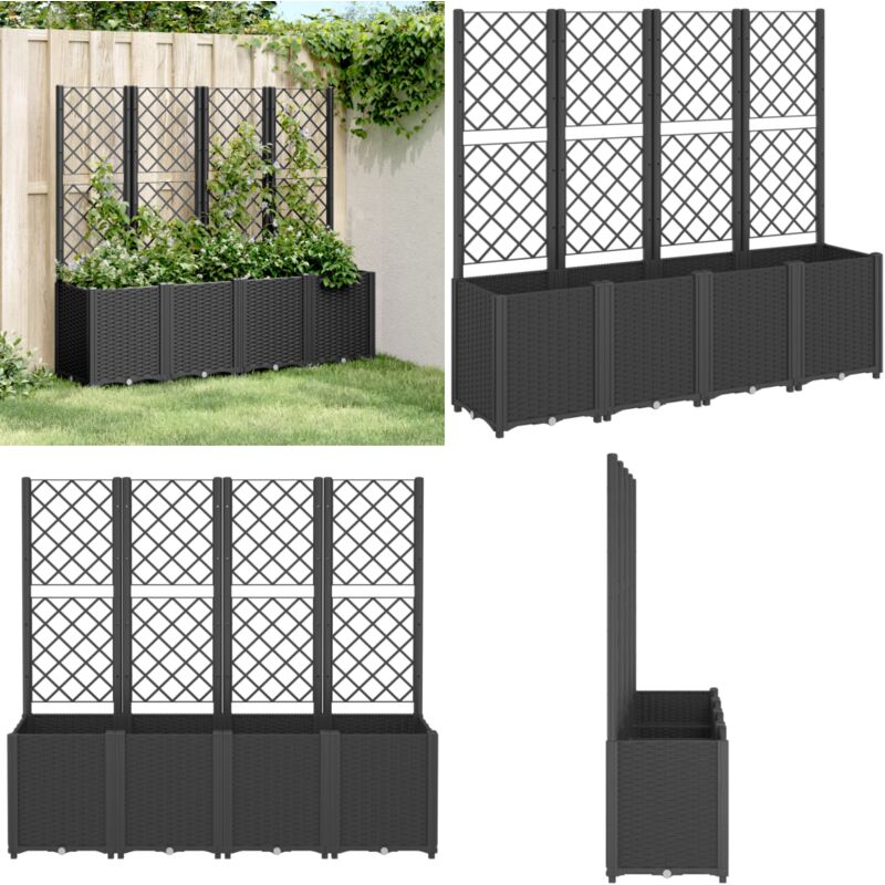 Jardinière avec treillis noir 160x40x140 cm pp - Jardinierre En Rotin - Jardinière Extérieure - Pot De Fleurs Design - Pot De Fleurs Rectangulaire