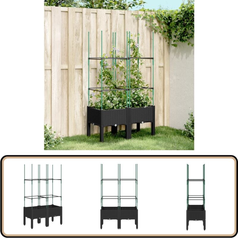 Jardinière avec treillis noir 80x40x142,5 cm pp - Jardinierre En Rotin - Pot Plante Grimpante - Jardinière Extérieure - Pot De Fleurs Extérieur