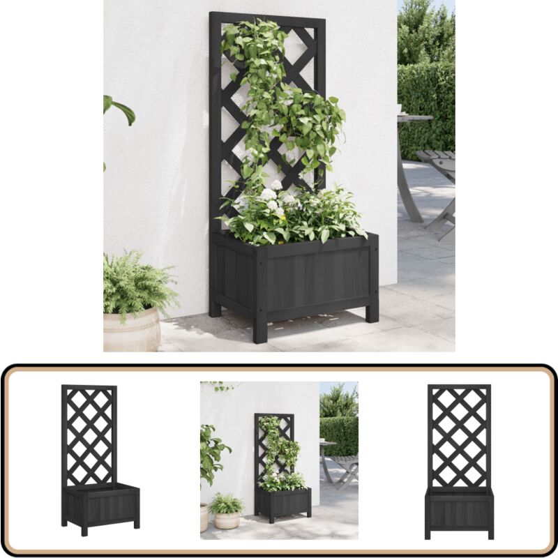 Jardinière avec treillis noir bois massif de sapin - Jardinierre En Bois - Jardinière Avec Treillis - Pot De Fleurs Extérieur - Plante Grimpante