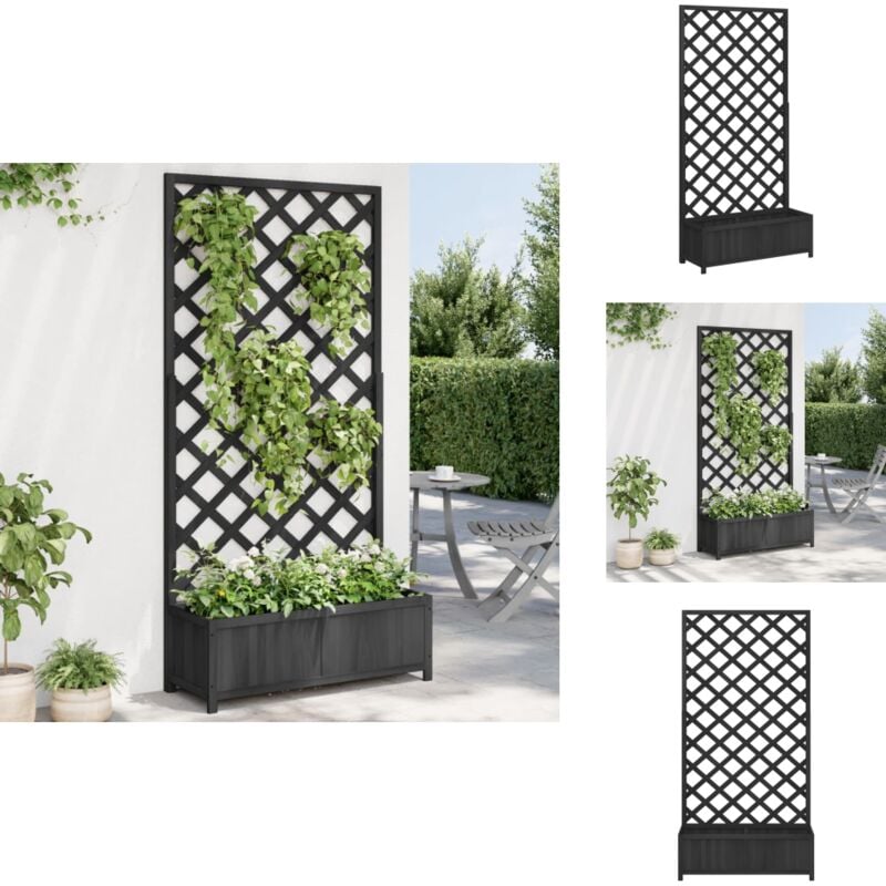 Jardinière avec treillis noir bois massif de sapin - Jardinierre En Bois - Jardinière Avec Treillis - Pot De Fleurs Extérieur - Plante Grimpante
