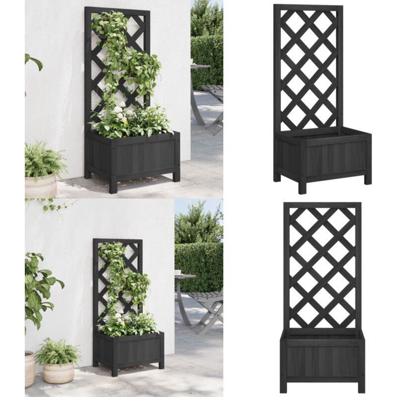 Jardinière avec treillis noir bois massif de sapin - Jardinierre En Bois - Jardinière Avec Treillis - Pot De Fleurs Extérieur - Plante Grimpante