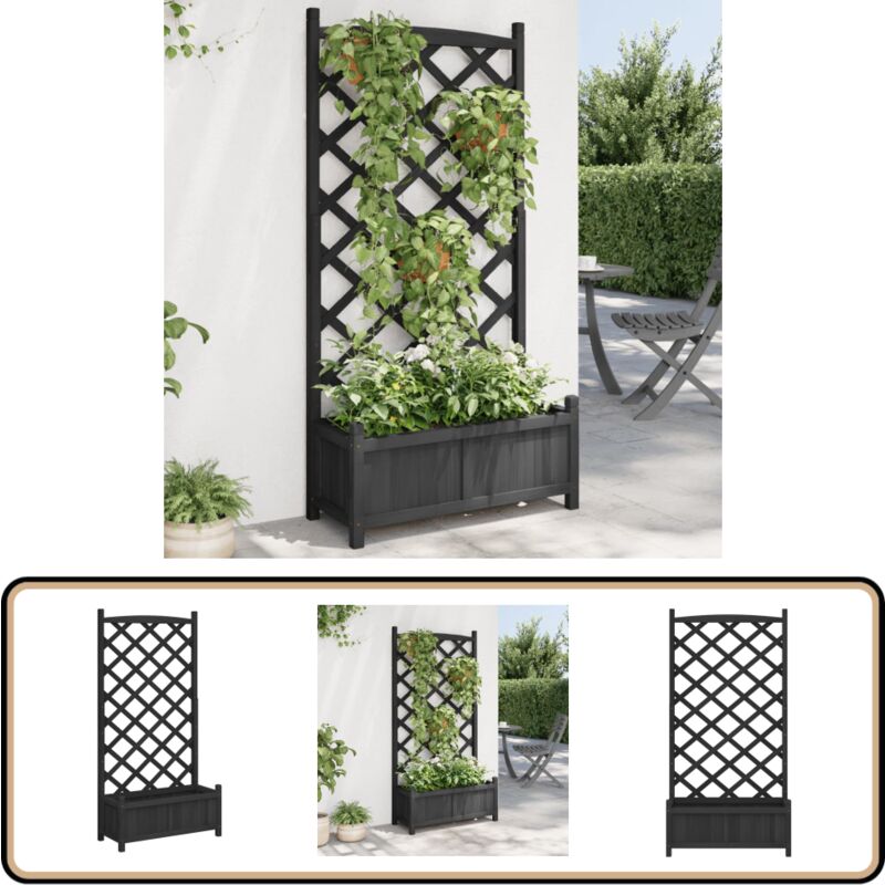 Jardinière avec treillis noir bois massif de sapin - Jardinierre En Bois - Jardinière Avec Treillis - Pot De Fleurs Exterieur - Plante Grimpante