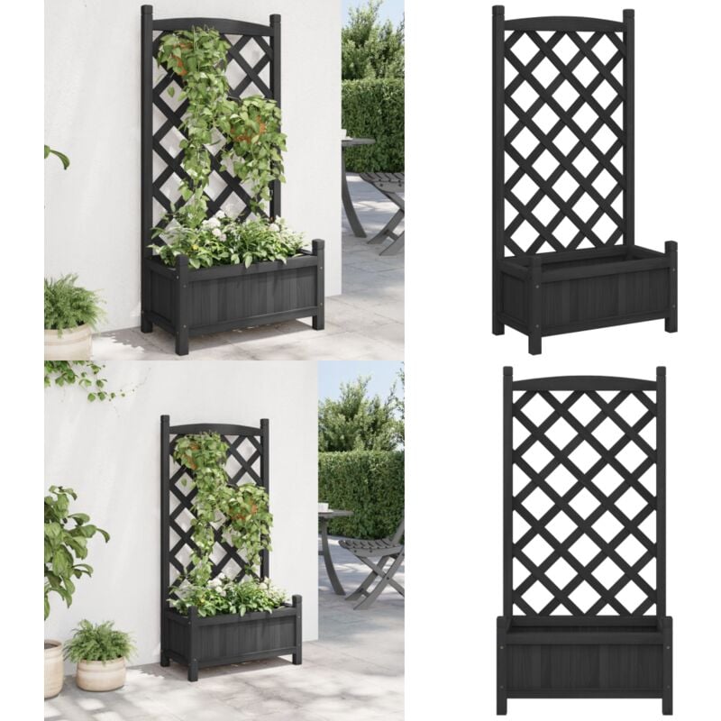 Jardinière avec treillis noir bois massif de sapin - Jardinierre Extérieure - Jardinière Bois - Pot Plante Grimpante - Support Vigne - Pot Fleuri