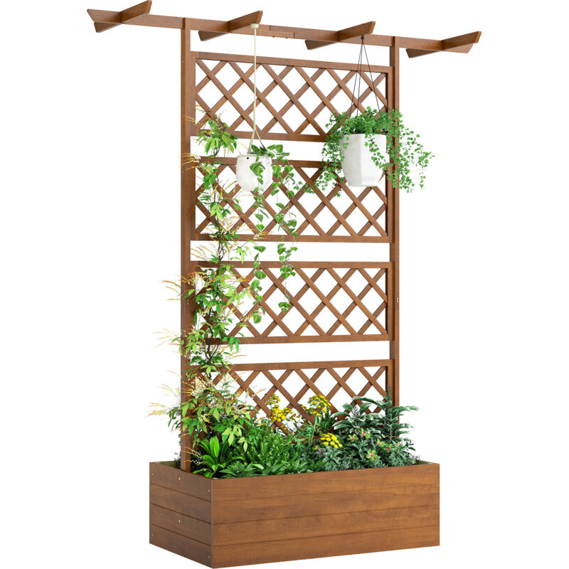 Jardinière Surélevée - Outsunny - avec treillis, Barres de Toit, Trous de Drainage, tissu non tissé - effet bois bois naturel