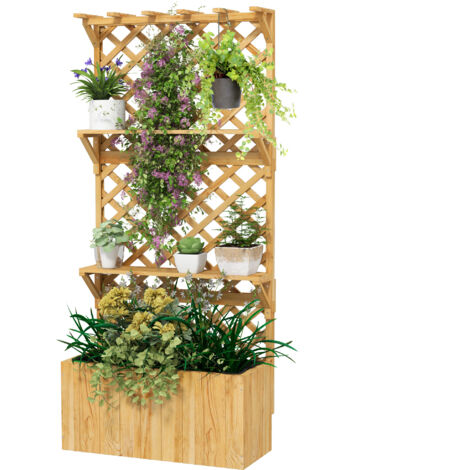 Jardinière avec treillis pour plantes grimpantes, trous de drainage et 2 étagères, en bois de sapin, 76x33x177 cm