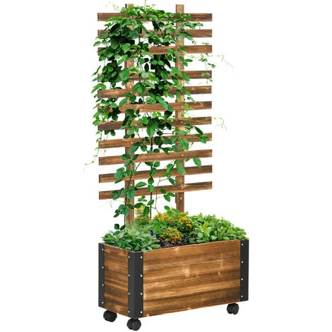 Jardinière avec treillis sur roulettes - inserts d'irrigation, géotextile inclus - métal bois sapin traité carbonisation - Marron