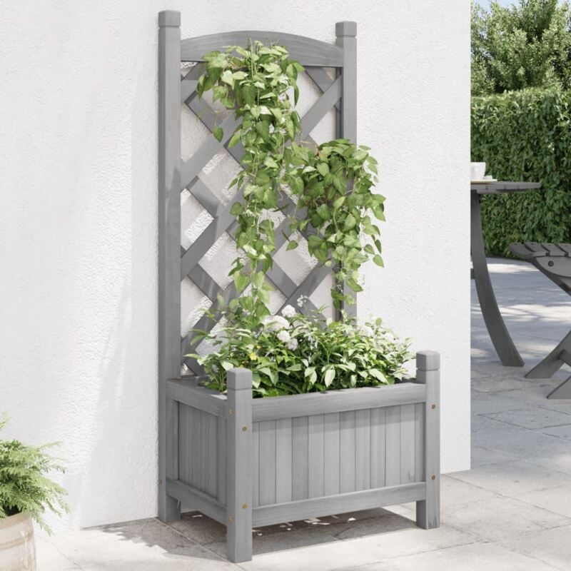 Jardinière, Bac à fleurs, Pot de fleurs avec treillis gris bois massif de sapin CON6276 design in
