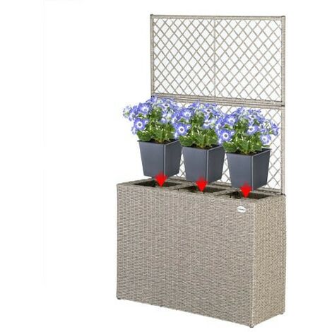 Jardinière bac en polyrotin Crème avec treillis mural pour accroche des plantes