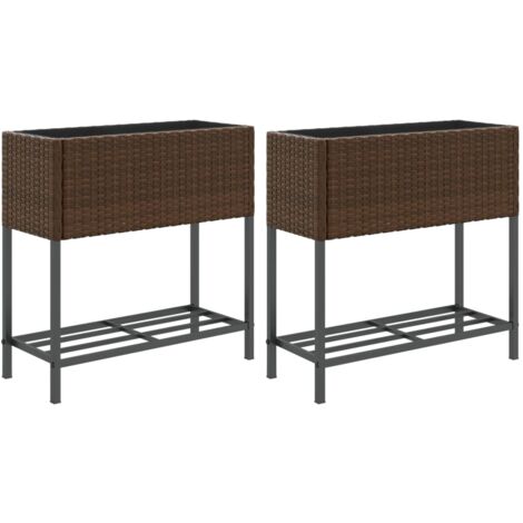 Jardinière bac lit surélevé plantes fleurs jardin terrasses avec étagère lot de 2 brun 70 x 28 x 70 cm résine tressée marron