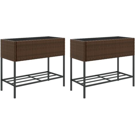 Jardinière bac lit surélevé plantes fleurs jardin terrasses avec étagère lot de 2 brun 90 x 40 x 75 cm résine tressée marron